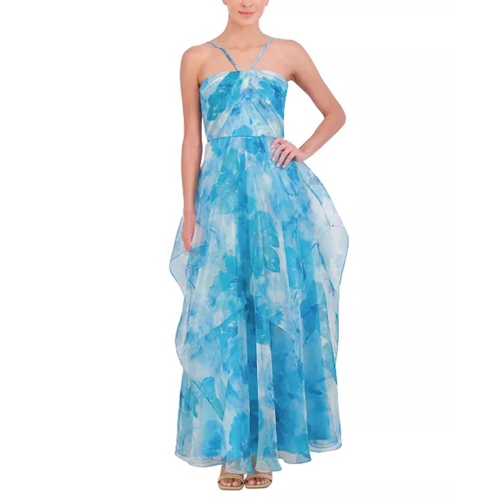Eliza J Women's Spaghetti Halter Strap Handkerchief Tiered Dress In Blue NWT